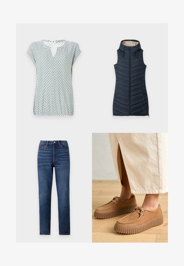 Marine gewatteerde vest met een capuchon, ritssluiting aan de voorkant en twee zijzakken. Bevat verticale stiksels en een lichtbeige binnenvoering.; Korte mouwen top in wit met een geometrisch marineblauw patroon, met een V-hals en een ontspannen pasvorm. Gemaakt van lichte, gestructureerde stof.; Hoge taille blauwe denim jeans met rechte pijpen, voorzien van subtiele wassing, sluiting met één knoop en een vijf-pocket ontwerp.; Tanleren schoenen met een gestructureerd oppervlak, ronde neus en dikke, geribbelde zolen. Veters en stiksels accentueren het ontwerp.
