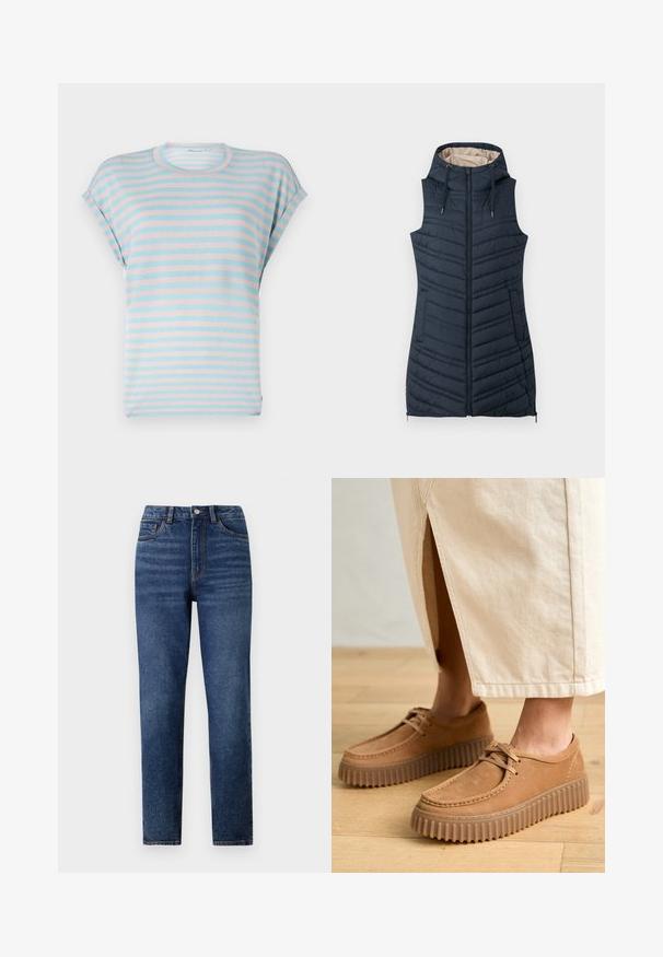 Námornícky prešívaný vestový kabát s kapucňou, so zipsom vpredu a dvoma bočnými vreckami. Má vertikálne švy a svetlo béžové vnútorné podšívku.; Prúžkované tričko s krátkym rukávom v svetlomodrej a pastelovo ružovej farbe, s uvoľneným strihom a mäkkou tkaninou, okrúhlym výstrihom a manžetovými rukávmi.; Džínsy s vysokým pásom, modré, s rovnými nohavicami, ktoré majú jemné oprania, jednoprevodový zapínací gombík a dizajn s piatimi vreckami.; Svetlé kožené topánky s textúrovaným povrchom, okrúhlou špičkou a hrubými, zúbkovanými podrážkami. Šnúrky a detaily šitia zvýrazňujú dizajn.