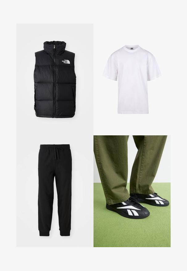 Black puffer vest with high collar, front zipper, and The North Face logo. Features a quilted texture and side pockets.; White cotton t-shirt with a crew neckline, short sleeves, and a relaxed fit. Features plain design without patterns or accents.; Black sweatpants with an elastic waistband and adjustable drawstring. Fitted cuffs and side seams create a streamlined silhouette.; Black athletic shoes with white accents, featuring a textured upper and a rounded toe, paired with olive green trousers.