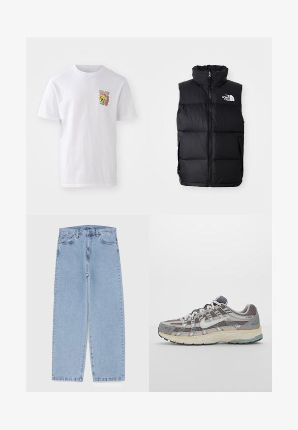 Musta puffertakki korkealla kauluksella, etuvetoketjulla ja The North Face -logolla. Sisältää tilkkutekstuuriin ja sivutaskuihin.; Valkoinen puuvillapaita, jossa on pyöreä pääntie, lyhyet hihat ja värikäs grafiikka, jossa on pääkallo ja kukkia rintakehässä.; Vaaleansiniset farkut suoran lahkeen muotoilulla, joissa on puolivälin vyötärö, viisi taskua sekä nappi- ja vetoketjusuljenta.; Harmaa urheilukenkä, jossa on verkko- ja mokkanahkainen yläosa, valkoiset yksityiskohdat, pehmustettu pohja ja erottuva muotoilu heijastavilla elementeillä.