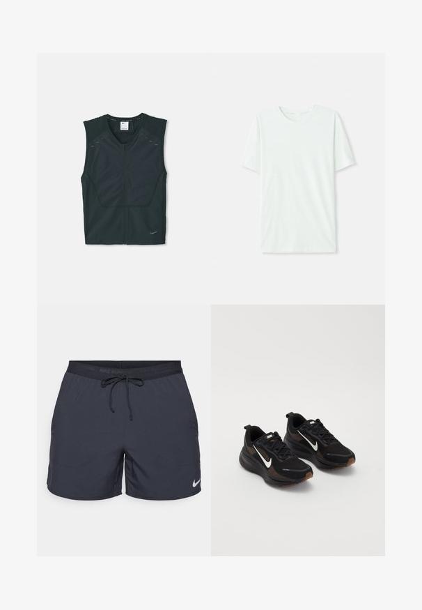 Black sleeveless athletic vest with a front zipper, textured shoulders, and reflective accents, made from lightweight, breathable fabric.; Light mint green short-sleeve t-shirt made of soft fabric. Features a crew neckline and a simple, straight cut without embellishments.; Nike running shorts, dark gray, elastic waist with drawstring, side pockets, lightweight fabric, featuring a white Nike logo on the lower hem.; Black athletic shoes with a breathable mesh upper, white Nike swoosh, textured sole, and contrasting brown accents. Includes reinforced heel.