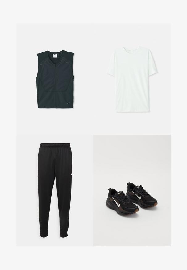 Schwarzes ärmelloses Sportoberteil mit einem Frontreißverschluss, strukturierten Schultern und reflektierenden Akzenten, hergestellt aus leichtem, atmungsaktivem Material.; Helles mintgrünes T-Shirt mit kurzen Ärmeln aus weichem Stoff. Es hat einen Rundhalsausschnitt und einen schlichten, geraden Schnitt ohne Verzierungen.; Schwarze Sporthosen aus glattem Stoff, mit einem elastischen Bund, schmal zulaufenden Beinen und einem kleinen weißen Logo auf der linken Seite.; Schwarze Sportschuhe mit einem atmungsaktiven Mesh-Obermaterial, weißem Nike-Swoosh, strukturiertem Sohlenprofil und kontrastierenden braunen Akzenten. Mit verstärktem Fersenbereich.