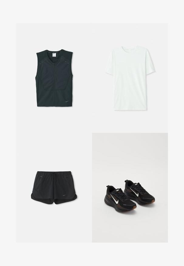 Vesta sportivă fără mâneci, de culoare neagră, cu fermoar frontal, umeri texturat și accente reflective, fabricată dintr-un material ușor și respirabil.; Tricou scurt, de culoare verde mentă, din țesătură moale. Are un gât rotund și o croială simplă, dreaptă, fără embellishments.; Șorturi atletice negre cu talie elastică și șnur de ajustare. Au două buzunare laterale și un logo Nike pe partea stângă față.; Adidași negri din material athletic cu un exterior din plasă respirabilă, swoosh alb Nike, talpă texturată și accente contrastante în nuanțe de maro. Include călcâi întărit.