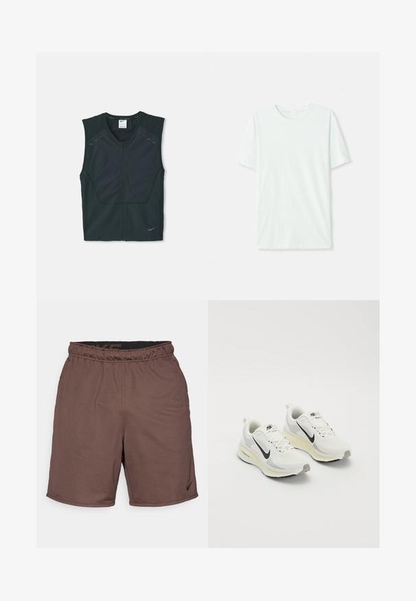 Zwart mouwloos sportvest met een rits aan de voorkant, textuur op de schouders en reflecterende accenten, gemaakt van lichte, ademende stof.; Licht mintgroen T-shirt met korte mouwen, gemaakt van zachte stof. Het heeft een ronde halslijn en een simpele, rechte snit zonder versieringen.; Bruine sportshorts met een elastische tailleband, gemaakt van een textuurstof en met een klein zwart Nike-logo aan de onderzijde rechts.; Hardloopschoenen gemaakt van witte ademende mesh met lichtgrijze accenten. Voorzien van een zwart swoosh-logo en een lichtgrijze rubberen loopzool.