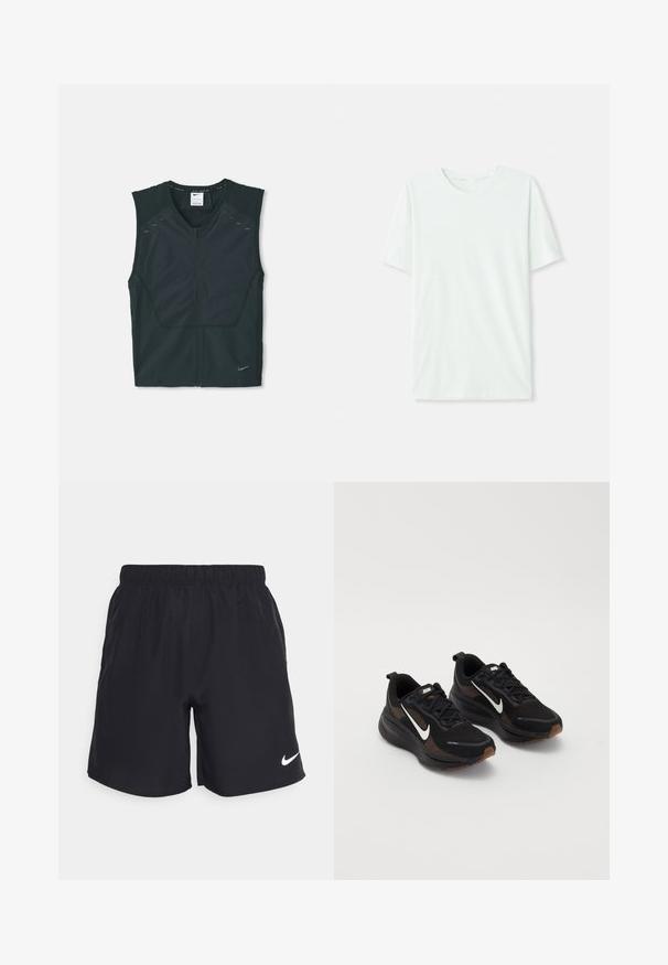 Črna brezrokavnik športna majica z zadrgo spredaj, teksturiranimi rameni in odsevnimi poudarki, izdelana iz lahkotnega, zračnega materiala.; Svetlo mint zelena majica s kratkimi rukavi, izdelana iz mehkega blaga. Ima okroglo ovratnico in preprost, ravno kroj brez okrasnih elementov.; Črne atletske kratke hlače iz lahkotnega materiala z elastičnim pasom in belim logotipom Nike na spodnjem levem delu noge.; Črne športne čevlje z zračnim mrežastim zgornjim delom, belim Nike žigom, teksturirano podplatom in kontrastnimi rjavimi detajli. Vključujejo ojačan petni del.