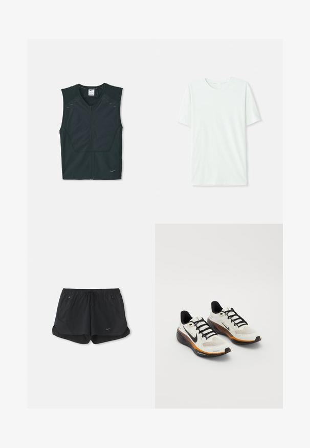 Chaleco atlético negro sin mangas con cremallera frontal, con hombros texturizados y detalles reflectantes, fabricado en un tejido ligero y transpirable.; Camiseta de manga corta en verde menta claro, hecha de tela suave. Presenta un cuello redondo y un corte recto simple, sin adornos.; Pantalones cortos deportivos negros con cintura elástica y cordón. Cuenta con dos bolsillos laterales y un logo de Nike en la parte frontal izquierda.; Zapatillas de running Nike con parte superior de malla blanca, cordones negros, suela naranja y negra con detalles moteados, y un diseño transpirable.