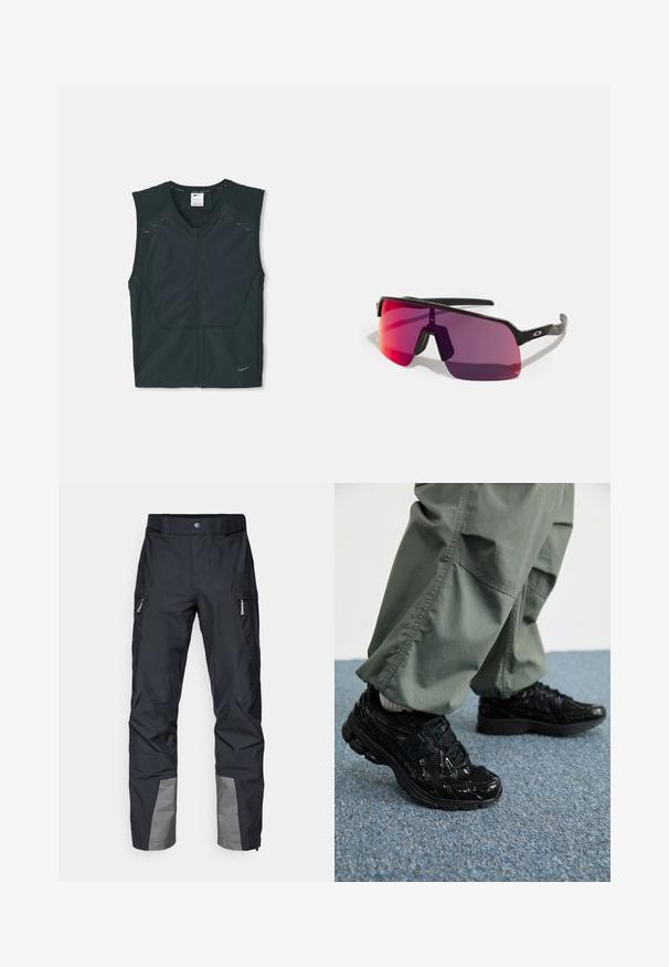 Čierna bezrukávová športová vesta s predným zipsom, štruktúrovanými plecami a reflexnými akcentmi, vyrobená z ľahkej a priedušnej látky.; Čierne športové tričko s dlhými rukávmi a štvrťzipom, s bielym logom Nike na ľavej hrudi, zobrazené na jednofarebnom pozadí.; Čierne vonkajšie nohavice so strižným strihom, ktoré majú bočné vrecká, sivé akcenty na dolnej časti nohavíc a odolnú tkaninu. Vodoodpudivý dizajn.; Čierne atletické tenisky s lesklými a sieťovinovými textúrami, so silnou podrážkou a šnúrkami, kombinované s voľnými olivovo-zelenými cargo nohavicami.; Čierne športové slnečné okuliare s pink až fialovým gradientom šošoviek a elegantným geometrickým dizajnom. Obsahujú nastaviteľný nosový diel a akcent s logom na ramene.