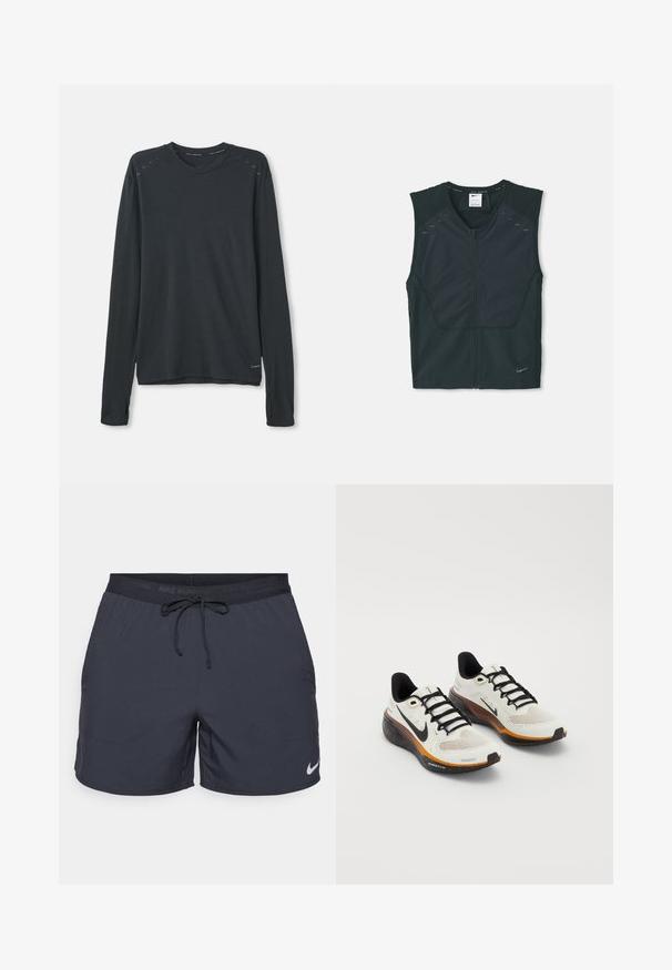 Sort ærmeløs atletisk vest med lynlås foran, strukturerede skuldre og refleksdetaljer, lavet af letvægts og åndbart stof.; Langærmet atletisk skjorte i mørkegrå stof. Har en rund halsudskæring, subtilt struktureret mønster og lysblå accentdetaljer på skuldrene.; Nike løbeshorts, mørkegrå, elastisk talje med snor, sidelommer, letvægtsstof, med et hvidt Nike-logo på nederste kant.; Nike løbesko med en hvid mesh-overdel, sorte snørebånd, orange og sort sål med spraglet detaljer, og åndbart design.