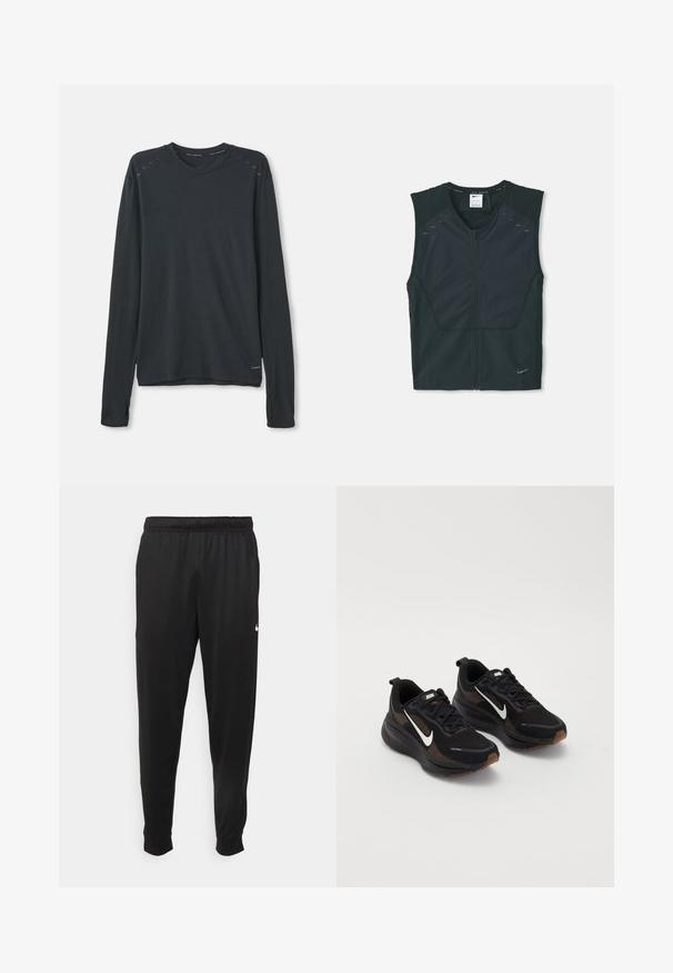 Sort ærmeløs atletisk vest med lynlås foran, strukturerede skuldre og refleksdetaljer, lavet af letvægts og åndbart stof.; Langærmet atletisk skjorte i mørkegrå stof. Har en rund halsudskæring, subtilt struktureret mønster og lysblå accentdetaljer på skuldrene.; Sorte atletiske bukser lavet af glat stof, med elastisk talje, smalnende ben og et lille hvidt logo på venstre side.; Sorte sportsko med en åndbar mesh-overdel, hvid Nike swoosh, tekstureret sål og kontrasterende brune accenter. Inkluderer forstærket hæl.