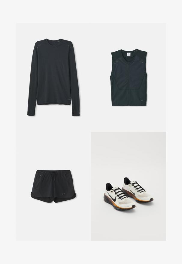 Črna brezrokavnik športna majica z zadrgo spredaj, teksturiranimi rameni in odsevnimi poudarki, izdelana iz lahkotnega, zračnega materiala.; Športna majica z dolgimi rokavi v temnosivi tkanini. Ima okroglo izrezo, subtilen teksturiran vzorec in svetlo modre detajle na ramenih.; Črne atletske hlače s elastičnim pasom in vrvico. Imajo dve stranski žepki in logotip Nike na sprednji levi strani.; Nike tekaške čevlje z belim mrežnim zgornjim delom, črnimi vezalkami, oranžnim in črnim podplatom z piko detajli ter zračnim dizajnom.