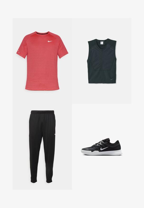Melns bezpiedurkņu sporta topiņš ar priekšējo rāvējslēdzēju, teksturētām plecu daļām un atstarojošiem akcentiem, izgatavots no viegla, elpojoša auduma.; Sarkans sporta T-krekls ar teksturētu rakstu, īsām piedurknēm, apaļu kakla izgriezumu un baltu Nike logotipu uz krūtīm.; Melnas sporta bikses, kas izgatavotas no gludas auduma, ar elastīgu jostu, sašaurinošām kājām un mazu balto logo kreisajā pusē.; Melni sporta apavi ar teksturētu virsu, balto Nike zulumu un balto gumijas zoli. Iezīmējas ar auklu pievilkšanas dizainu un dinamisku formu.