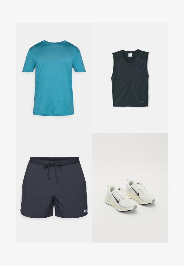 Chaleco atlético negro sin mangas con cremallera frontal, con hombros texturizados y detalles reflectantes, fabricado en un tejido ligero y transpirable.; Camiseta de manga corta color turquesa, hecha de un tejido ligero. Cuello redondo, textura suave y un sutil patrón jaspeado en todo su diseño.; Pantalones cortos de running de Nike, color gris oscuro, con cintura elástica y cordón de ajuste, bolsillos laterales, tejido ligero, con un logo blanco de Nike en el dobladillo inferior.; Zapatillas de correr hechas de malla blanca transpirable con acentos gris claro. Presentan un logo de swoosh negro y una suela de goma gris claro.