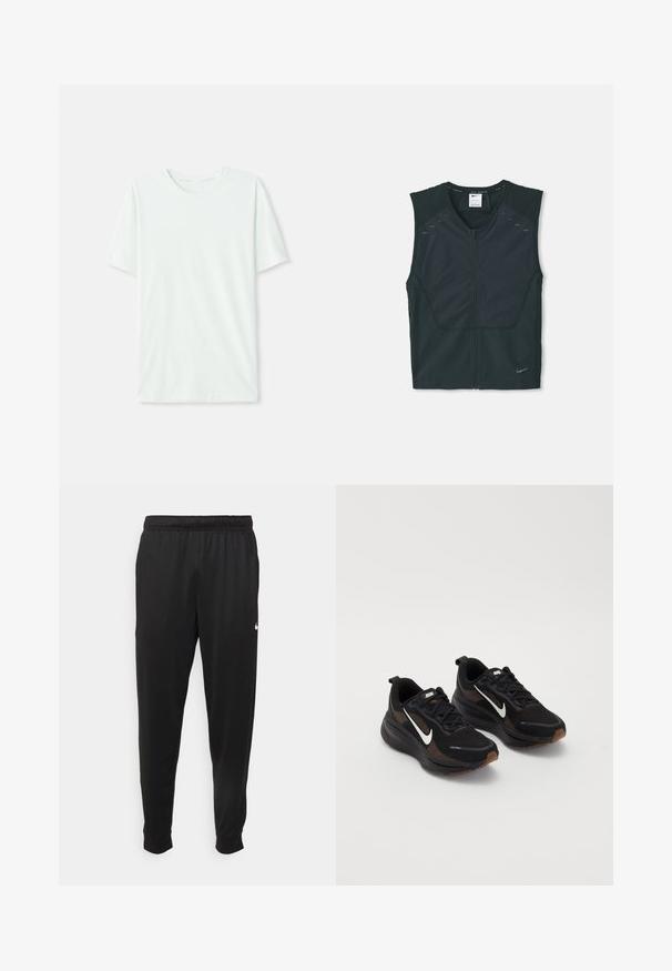 Czarna, bezrękawnikowa kamizelka sportowa z zamkiem z przodu, teksturowanymi ramionami i odblaskowymi detalami, wykonana z lekkiego, oddychającego materiału.; Jasno miętowa koszulka z krótkim rękawem, wykonana z miękkiego materiału. Posiada okrągły dekolt oraz prosty krój bez zdobień.; Czarne sportowe spodnie wykonane z gładkiego materiału, z elastycznym pasem, zwężanymi nogawkami i małym białym logo po lewej stronie.; Czarne buty sportowe z oddychającą siateczką, biały znak Nike, teksturowana podeszwa oraz kontrastujące brązowe akcenty. Zawierają wzmocniony obcas.