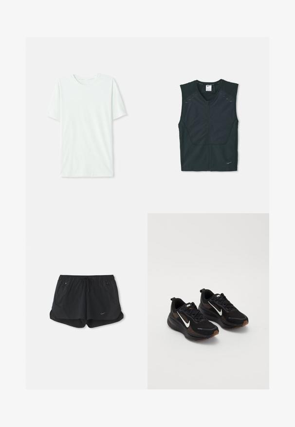 Chaleco atlético negro sin mangas con cremallera frontal, con hombros texturizados y detalles reflectantes, fabricado en un tejido ligero y transpirable.; Camiseta de manga corta en verde menta claro, hecha de tela suave. Presenta un cuello redondo y un corte recto simple, sin adornos.; Pantalones cortos deportivos negros con cintura elástica y cordón. Cuenta con dos bolsillos laterales y un logo de Nike en la parte frontal izquierda.; Zapatillas deportivas negras con una parte superior de malla transpirable, logo de Nike en blanco, suela texturizada y acentos marrones contrastantes. Incluye refuerzo en el talón.