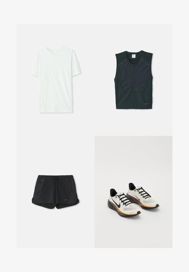 Black sleeveless athletic vest with a front zipper, textured shoulders, and reflective accents, made from lightweight, breathable fabric.; Light mint green short-sleeve t-shirt made of soft fabric. Features a crew neckline and a simple, straight cut without embellishments.; Black athletic shorts with an elastic waistband and drawstring. Features two side pockets and a Nike logo on the front left.; Nike running shoes featuring a white mesh upper, black laces, orange and black sole with speckled detailing, and breathable design.