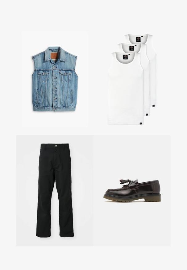 Lys blå denimvest med krage, uten ermer, knappelukking og to frontlommer med klaff og knappdetaljer.; Tre hvite ribbestrikkede tank topper laget av bomull. Har en rund hals og små svarte etiketter nær kanten. Tilgjengelig i flere størrelser.; Sorte rette bukser med knap- og lynlåslukning, bæltestropper og sidelommer, vist mod en hvid baggrund.; Brune skinn loafers med et vevd design, duskdetalj og flat gummisåle. Har en jevn finish og kontrasterende søm.