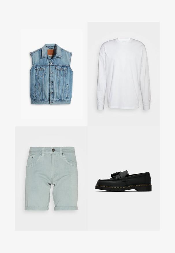 Džínová vesta ve světle modré barvě, s límečkem, bez rukávů, zapínáním na knoflíky a dvěma předními kapsami s klopou a knoflíkovými detaily.; Bílá dlouhá tričko s dlouhými rukávy vyrobené z bavlny. Design s kulatým výstřihem, žebrované manžety a malé logo na levém rukávu. Hladká textura.; Svetle modré džínové šortky s ohrnutým lemem, mají přední kapsy a jeden černý knoflík na zapínání v pase. Hladký povrch.; Černé kožené mokasíny s třásněmi, žlutým prošíváním podél podrážky a silnou, kordovanou gumovou podešví.