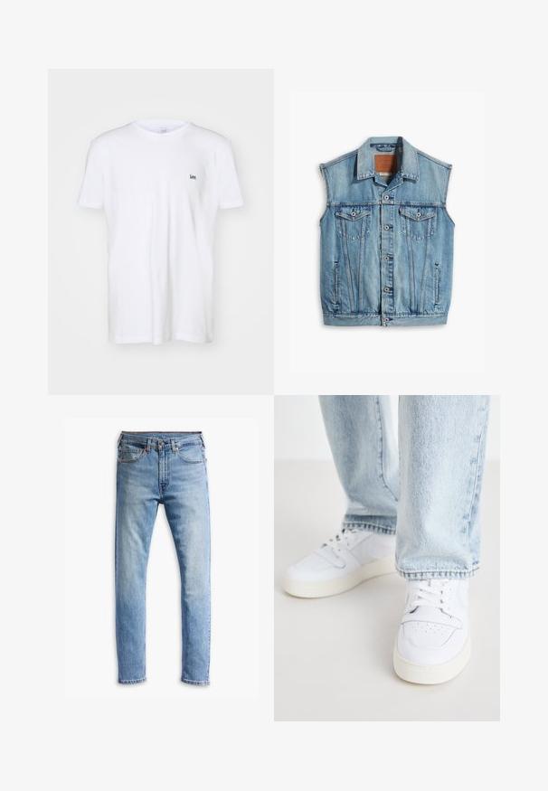 Vaate denim-vesti vaaleansinisessä sävyssä, jossa on kaulus, hihaton muotoilu, nappikiinnitys ja kaksi etutaskua, joissa on läppä- ja nappikoristeet.; Valkoinen puuvillapaita lyhyillä hihoilla, jossa on pieni, brodeerattu musta "Lee" -logo vasemmassa rinnassa. Yksinkertainen, klassinen muotoilu.; Vaaleansiniset farkut, joissa on suora leikkaus, viisi taskua, napitus ja hienovaraista haalistumista kankaassa.; Valkoiset nahkakengät matalalla varrella, joissa on reikäkärkinen muotoilu, litteät nauhat ja minimalistinen design. Yhdistetty vaaleansinisiin farkkuihin.