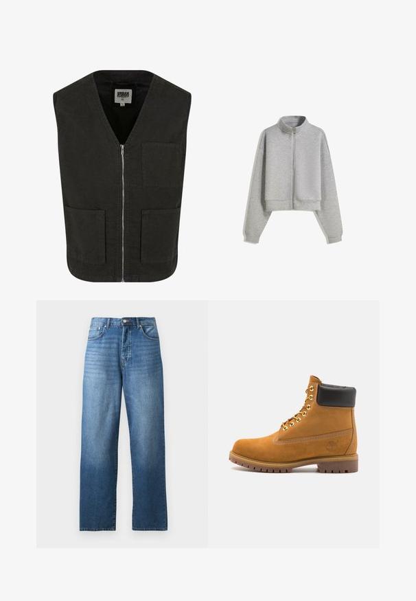 Crni bezrukavnik od organskog pamuka, s V-izrezom, prednjim patentnim zatvaračem i dva bočna džepa. Minimalistički dizajn.; Skraćeni sivi dukserica na zatvaranje s visokim ovratnikom, dugim rukavima i rebrastim manžetama. Izrađena od mekanog, laganog materijala s glatkom teksturom.; Bijela majica uskog kroja od pamuka. Okrugli izrez, kratki rukavi, glatka tekstura. Mali crni logo na rubu. Jednostavan dizajn.; Plave traperice ravnog kroja s pet džepova i zatvaranjem na gumb i patentni zatvarač, prikazane na bijeloj pozadini.; Antracitne antilop čizme do gležnjeva s crnim podstavljenim ovratnikom, zlatnim metalnim rupicama, bijelim šavovima i robusnom gumenom potplatom s izraženim šarama.