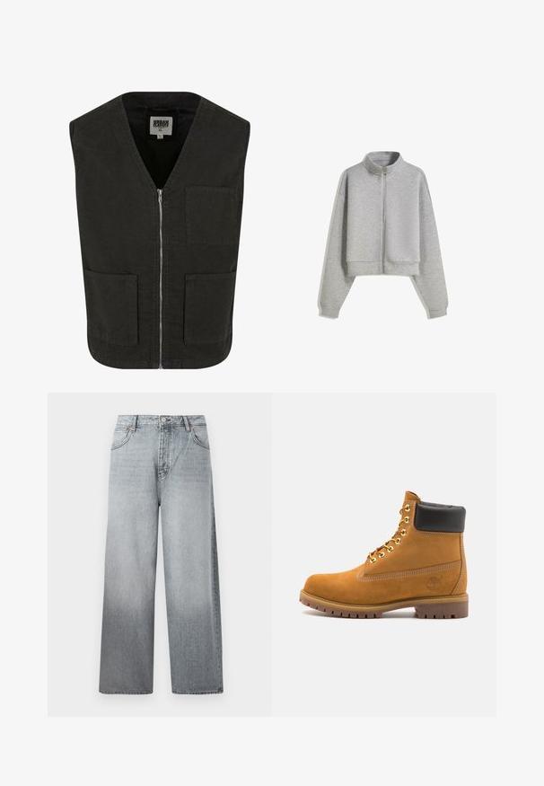 Vest negru fără mâneci, confecționat din bumbac organic, cu decolteu în V, închidere cu fermoar în față și două buzunare laterale. Design minimal.; Hanorac scurt gri cu fermoar, guler înalt, mâneci lungi și manșoane ribbate. Fabricat dintr-un material moale, ușor, cu o textură netedă.; Tricou alb, ajustat pe corp, din bumbac. Gât rotund, mâneci scurte, textură netedă. Etichetă mică de logo negru la margine. Design simplu.; Jeans largi de culoare gri deschis, cu un efect de decolorare, având o închidere cu buton și fermoar, design cu cinci buzunare și cusături contrastante.; Cizmă de gleznă din întoarsă de culoare bej, cu guler negru căptușit, ochiuri din metal auriu, detalii de cusătură albă și talpă din cauciuc robustă, cu un model pronunțat.