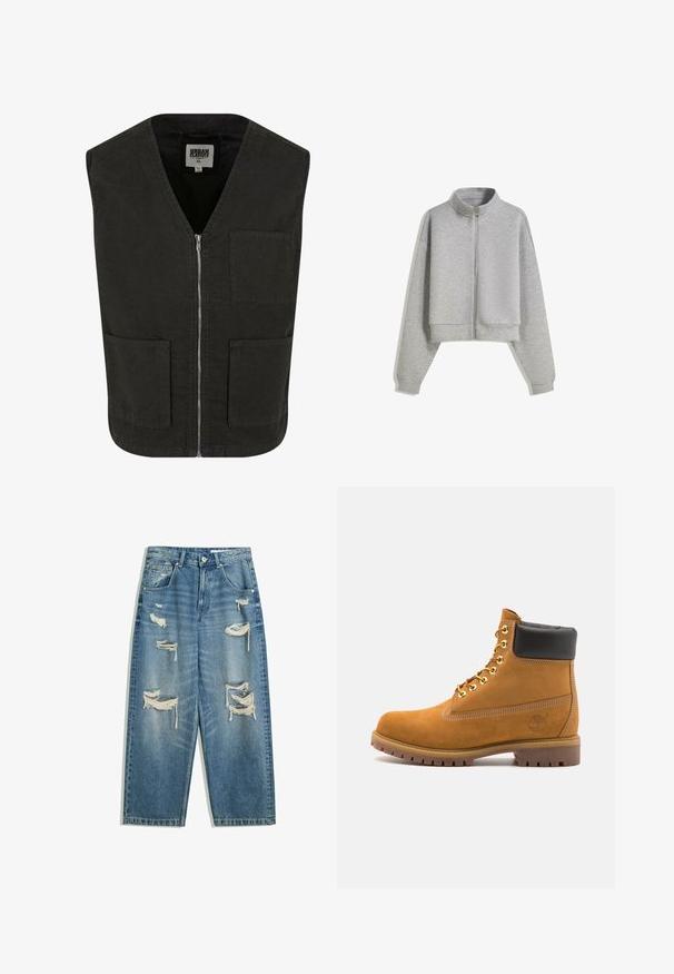 Črn brezrokavnik iz organskega bombaža z V-izrezom, sprednjim zadrgo in dvema stranskima žepoma. Minimalističen dizajn.; Kratka siva zip-up kapuca s visokim ovratnikom, dugim rukavima i rebrastim manžetama. Izrađena od mekog, laganog materijala s glatkom teksturom.; Bela majica oprijetog kroja izrađena od pamuka. Okrugli izrez, kratki rukavi, glatka tekstura. Mala crna oznaka na rubu. Jednostavan dizajn.; Modre jeansi iz denima z večjimi raztrganimi in poškodovanimi mesti na sprednjih stegnih in kolenih, ravnega kroja ter klasičnim petim žepom.; Svetlo rjave anklne čizme iz semiša z črnim oblazinjenim ovratnikom, zlatimi kovinskimi očesci, belimi šivi in robustnim gumijastim podplatom s izrazitimi tredi.