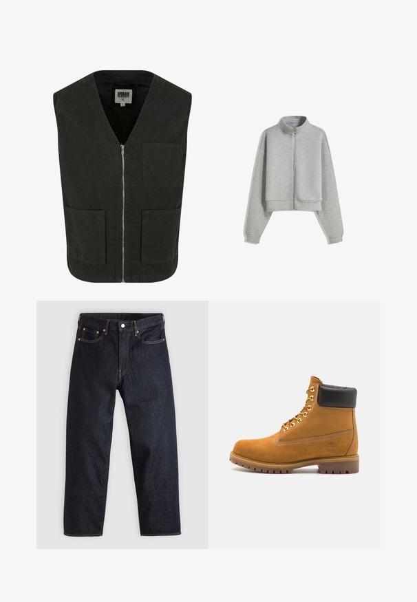 Zwarte mouwloze vest gemaakt van biologisch katoen, met een V-hals, een ritssluiting aan de voorkant en twee zijzakken. Minimalistisch ontwerp.; Korte grijze zip-up sweatshirt met een hoge kraag, lange mouwen en geribbelde manchetten. Gemaakt van zacht, lichtgewicht materiaal met een gladde textuur.; Witte spiergetailleerde t-shirt van katoen. Ronde hals, korte mouwen, gladde textuur. Klein zwart logo-label aan de zoom. Eenvoudig ontwerp.; Donkerblauwe denim jeans met een rechte snit, vijf zakken, contrasterende oranje stiksels en een knoopsluiting. Geen zichtbare patronen of versieringen.; Tan suède enkelboot met zwart gevoerd kraagje, gouden metalen oogjes, witte stikdetails en een robuuste rubberen zool met uitgesproken profiel.