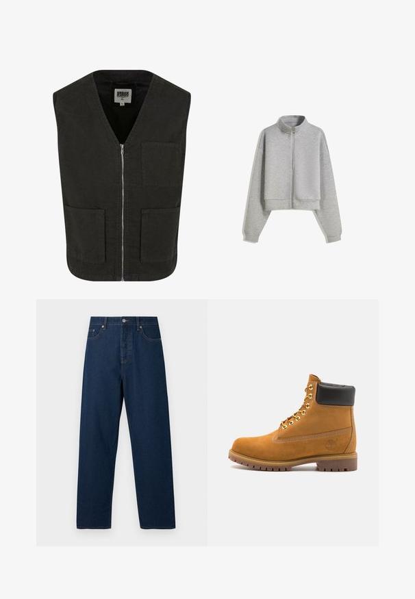 Czarna bezrękawnik z organicznej bawełny, z dekoltem w serek, przednim zapięciem na zamek i dwoma bocznymi kieszeniami. Minimalistyczny design.; Przycięta szara bluza z zamkiem błyskawicznym, z wysokim kołnierzem, długimi rękawami i ściągaczami. Wykonana z miękkiego, lekkiego materiału o gładkiej fakturze.; Biała koszulka dopasowana z bawełny. Okrągły dekolt, krótkie rękawy, gładka faktura. Mała czarna metka z logo na dole. Prosty design.; Granatowe dżinsy o prostym kroju, z pięcioma kieszeniami i zapięciem na guzik. Posiadają kontrastowe przeszycia oraz klasyczny pas.; Beżowe zamszowe botki sięgające kostki z czarną wyściełaną krawędzią, złotymi oczkami, białymi detalami szycia oraz wytrzymałą gumową podeszwą z wyraźnym bieżnikiem.