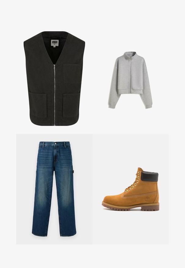 Crni bezrukavnik od organskog pamuka, s V-izrezom, prednjim patentnim zatvaračem i dva bočna džepa. Minimalistički dizajn.; Skraćeni sivi dukserica na zatvaranje s visokim ovratnikom, dugim rukavima i rebrastim manžetama. Izrađena od mekanog, laganog materijala s glatkom teksturom.; Bijela majica uskog kroja od pamuka. Okrugli izrez, kratki rukavi, glatka tekstura. Mali crni logo na rubu. Jednostavan dizajn.; Široke plave traperice s izbljedjelim naglascima, s tradicionalnim kopčanjem na gumb i patentnim zatvaračem, te bočnim džepom s lijeve strane.; Antracitne antilop čizme do gležnjeva s crnim podstavljenim ovratnikom, zlatnim metalnim rupicama, bijelim šavovima i robusnom gumenom potplatom s izraženim šarama.