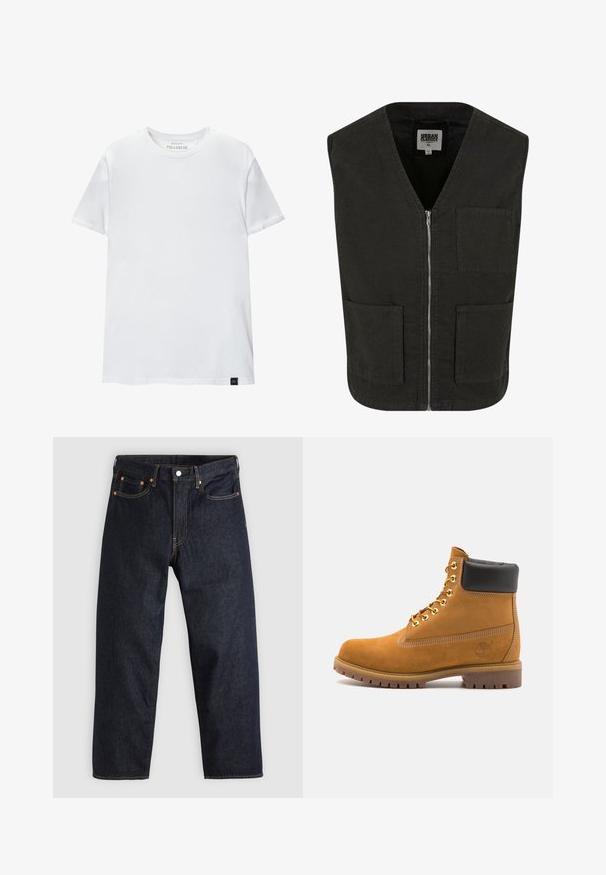 Černá bezrukávová vesta vyrobená z organické bavlny, s výstřihem do V, předním zipovým zapínáním a dvěma bočními kapsami. Minimalistický design.; Zkrácená šedá mikina na zip s vysokým límcem, dlouhými rukávy a žebrovanými manžetami. Vyrobena z měkkého, lehkého materiálu s hladkou texturou.; Bílá tričko s těsným střihem vyrobené z bavlny. Kolečkový výstřih, krátké rukávy, hladká textura. Malá černá visačka s logem na lemu. Jednoduchý design.; Tmavomodré džíny z denimu se straight střihem, pěti kapsami, kontrastním oranžovým šitím a knoflíkovým zapínáním. Žádné viditelné vzory ani ozdoby.; Hnědé semišové kotníkové boty s černým polstrovaným límcem, zlatými kovovými očky, bílým prošíváním a odolnou gumovou podrážkou s výraznými drážkami.