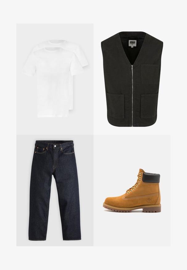 Sort ærmeløs vest lavet af økologisk bomuld, med V-hals, lynlåslukning foran og to sidelommer. Minimalistisk design.; Afklippet grå zip-sweatshirt med høj krave, lange ærmer og ribbede manchetter. Fremstillet af blødt, let materiale med en glat tekstur.; To ensfarvede, hvide bomulds-T-shirts med korte ærmer, rund halsudskæring og glat, blødt materiale, lagt lidt forskudt oven på hinanden.; Mørkeblå denimjeans med lige pasform, fem lommer, kontrasterende orange syning og knaplukning. Ingen synlige mønstre eller udsmykninger.; Tan nubuck ankelstøvle med sort polstret krave, gyldne metaløjer, hvid syning detaljer og robust gummisål med udtalte slidbaner.