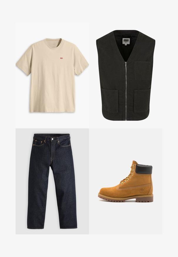 Vest negru fără mâneci, confecționat din bumbac organic, cu decolteu în V, închidere cu fermoar în față și două buzunare laterale. Design minimal.; Hanorac scurt gri cu fermoar, guler înalt, mâneci lungi și manșoane ribbate. Fabricat dintr-un material moale, ușor, cu o textură netedă.; Tricou din bumbac bej cu mâneci scurte, guler rotund și un mic logo roșu Levi's pe pieptul stâng. Textură netedă, croială lejeră.; Jeans de denim albastru închis, cu croială dreaptă, cinci buzunare, cusături contrastante de portocaliu și fermoar cu buton. Fără modele sau embellishments vizibile.; Cizmă de gleznă din întoarsă de culoare bej, cu guler negru căptușit, ochiuri din metal auriu, detalii de cusătură albă și talpă din cauciuc robustă, cu un model pronunțat.