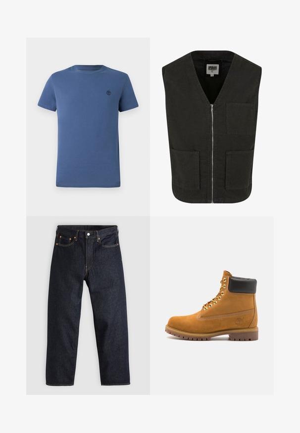 Črn brezrokavnik iz organskega bombaža z V-izrezom, sprednjim zadrgo in dvema stranskima žepoma. Minimalističen dizajn.; Kratka siva zip-up kapuca s visokim ovratnikom, dugim rukavima i rebrastim manžetama. Izrađena od mekog, laganog materijala s glatkom teksturom.; Modra majica s kratkimi rokavi iz bombaža z okroglim ovratnikom, ki ima nalevan majhen temen logotip drevesa na levi strani prsnega predela.; Temno modri kavbojki s ravnim krojem, petimi žepi, kontrastnim oranžnim šivom in gumbom za zapiranje. Brez vidnih vzorcev ali okraskov.; Svetlo rjave anklne čizme iz semiša z črnim oblazinjenim ovratnikom, zlatimi kovinskimi očesci, belimi šivi in robustnim gumijastim podplatom s izrazitimi tredi.