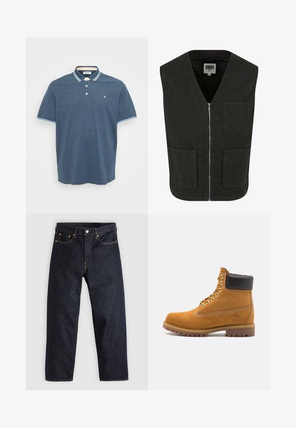 Musta hihaton liivi, joka on valmistettu luomupuuvillasta. Siinä on V-kaula-aukko, etuvetoketjusuljenta ja kaksi sivutaskua. Minimalistinen muotoilu.; Lyhythihainen harmaa vetoketjullinen huppari, jossa on korkea kaulus, pitkiä hihoja ja ribbireunat. Valmistettu pehmeästä, kevyestä materiaalista, jossa on sileä pinta.; Miesten sininen lyhythihainen polo-paita, jossa on valkoiset ja vaaleansiniset raidat kauluksessa ja hihansuiden reunoissa, kolme nappia edessä ja pieni logo rinnassa.; Tummansinisiä farkkuja, joissa on suora leikkaus, viisi taskua, kontrastiväriset oranssit tikkaukset ja napitus. Ei näkyviä kuvioita tai koristeita.; Valkoinen nahkainen nilkkuri mustalla pehmustetulla kauluksella, kultaisilla metallisilla rei'illä, valkoisella ompeluksella ja jykevällä kumipohjalla, jossa on selvästi näkyvät urat.