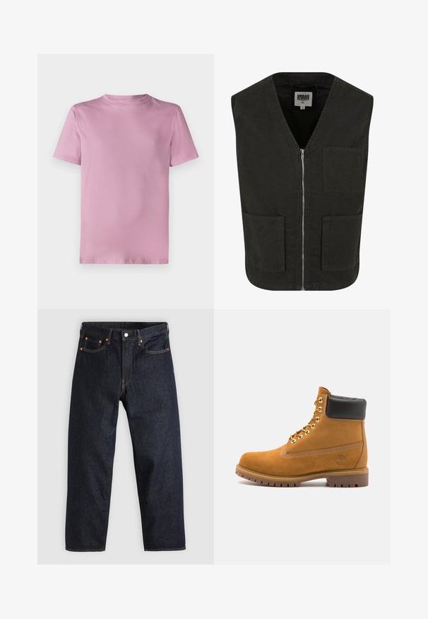Črn brezrokavnik iz organskega bombaža z V-izrezom, sprednjim zadrgo in dvema stranskima žepoma. Minimalističen dizajn.; Kratka siva zip-up kapuca s visokim ovratnikom, dugim rukavima i rebrastim manžetama. Izrađena od mekog, laganog materijala s glatkom teksturom.; Roza bombažna majica s kratkimi rokavi in okroglim izrezom ter gladko teksturo. Preprost, neokrašen dizajn brez logotipov ali vzorcev.; Temno modri kavbojki s ravnim krojem, petimi žepi, kontrastnim oranžnim šivom in gumbom za zapiranje. Brez vidnih vzorcev ali okraskov.; Svetlo rjave anklne čizme iz semiša z črnim oblazinjenim ovratnikom, zlatimi kovinskimi očesci, belimi šivi in robustnim gumijastim podplatom s izrazitimi tredi.