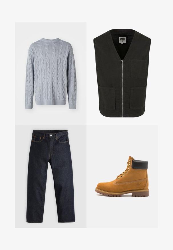Schwarze ärmellose Weste aus Bio-Baumwolle mit V-Ausschnitt, vorderem Reißverschluss und zwei Seitentaschen. Minimalistisches Design.; Hellblau gestrickter Pullover mit Zopfmuster, langen Ärmeln und rundem Halsausschnitt. Rippbündchen und -saum verleihen Textur und Struktur.; Dunkelblaue Jeans aus Denim mit geradem Schnitt, fünf Taschen, kontrastierenden orangen Nähten und einem Knopfverschluss. Keine sichtbaren Muster oder Verzierungen.; Beige Wildleder-Ankle-Boot mit schwarzem gepolstertem Kragen, goldenen Metallösen, weißen Nähdetalben und einer robusten Gummisohle mit ausgeprägtem Profil.