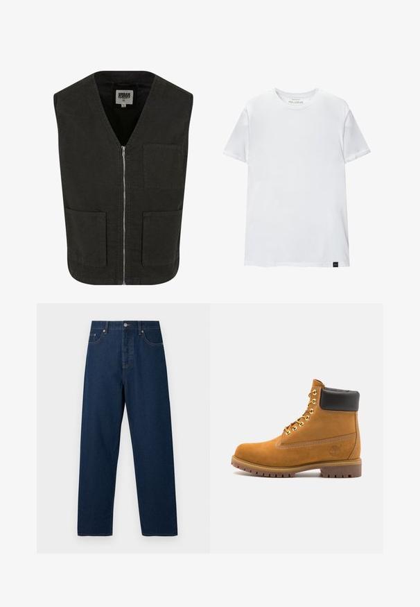 Musta hihaton liivi, joka on valmistettu luomupuuvillasta. Siinä on V-kaula-aukko, etuvetoketjusuljenta ja kaksi sivutaskua. Minimalistinen muotoilu.; Valkoinen lihaksen istuvuus t-paita, joka on valmistettu puuvillasta. Pyöreä kaula-aukko, lyhyet hihat, sileä rakenne. Pieni musta logotagi helman kohdalla. Yksinkertainen muotoilu.; Tummansiniset farkut suoran leikkauksen kanssa, viisi taskua ja nappikiinnitys. Ominaisuuksiin kuuluu kontrastivärinen ompelu ja klassinen vyötärö.; Valkoinen nahkainen nilkkuri mustalla pehmustetulla kauluksella, kultaisilla metallisilla rei'illä, valkoisella ompeluksella ja jykevällä kumipohjalla, jossa on selvästi näkyvät urat.