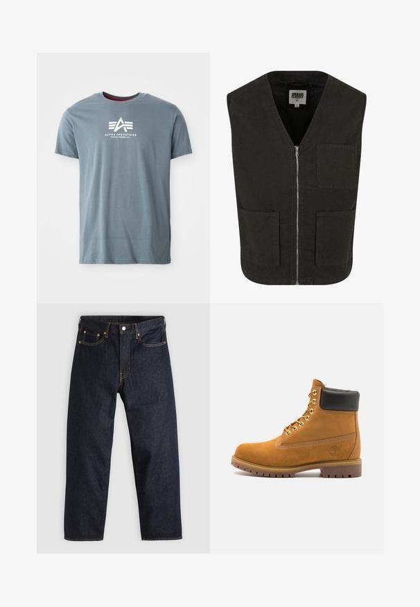 Musta hihaton liivi, joka on valmistettu luomupuuvillasta. Siinä on V-kaula-aukko, etuvetoketjusuljenta ja kaksi sivutaskua. Minimalistinen muotoilu.; Harmaa puuvillapaita, jossa on pyöreä kaulus ja lyhyet hihat. Edessä valkoinen logo, jossa on kolmion muotoinen kuvio ja teksti.; Tummansinisiä farkkuja, joissa on suora leikkaus, viisi taskua, kontrastiväriset oranssit tikkaukset ja napitus. Ei näkyviä kuvioita tai koristeita.; Valkoinen nahkainen nilkkuri mustalla pehmustetulla kauluksella, kultaisilla metallisilla rei'illä, valkoisella ompeluksella ja jykevällä kumipohjalla, jossa on selvästi näkyvät urat.