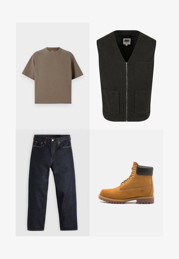 Fekete ujjatlan mellény, organikus pamutból készült, V-nyakkal, elöl cipzárral, és két oldalsó zsebből áll. Minimalista dizájn.; Barna, rövid ujjú póló, puha anyagból, kerek nyakkivágással. Laza szabású, egyszerű szegélyezéssel rendelkezik.; Sötétkék farmernadrág egyenes szabással, öt zsebbel, kontrasztos narancssárga varrással és gombos záródással. Nem látható rajta mintázat vagy díszítés.; Barna velúr bokacipő fekete párnázott gallérral, arany fém fűzőlyukakkal, fehér varrási részletekkel és durva gumitalppal, amelynek kifejezett barázdái vannak.