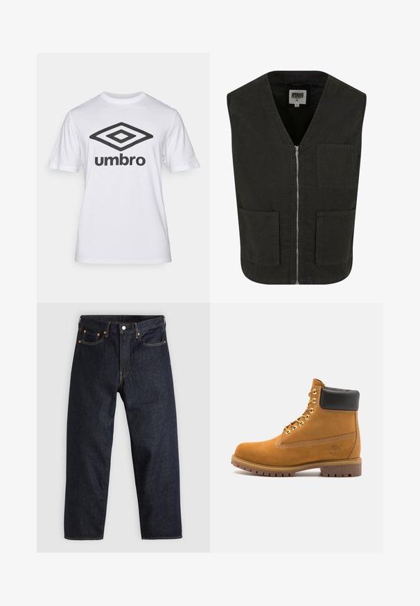 Sort ærmeløs vest lavet af økologisk bomuld, med V-hals, lynlåslukning foran og to sidelommer. Minimalistisk design.; Hvid bomulds t-shirt med et stort sort "Umbro" logo og et diamant grafik på forsiden. Korte ærmer, rund hals, klassisk pasform.; Mørkeblå denimjeans med lige pasform, fem lommer, kontrasterende orange syning og knaplukning. Ingen synlige mønstre eller udsmykninger.; Tan nubuck ankelstøvle med sort polstret krave, gyldne metaløjer, hvid syning detaljer og robust gummisål med udtalte slidbaner.