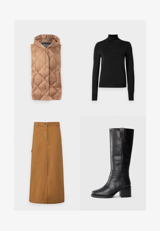 Kamizelka puchowa w jasnobrązowym kolorze, z fakturowanym pikowanym wzorem, zamek z przodu, kaptur i boczne kieszenie. Gładki, błyszczący materiał.; Czarny sweter z długim rękawem i stojącym kołnierzem, z prążkowanymi mankietami i dołem, zaprezentowany na białym tle.; Brąskowa bawełniana spódnica midi z zapięciem na guziki z przodu, szlufkami na pasek i bocznymi kieszeniami. Gładka tekstura i prosty krój.; Czarne skórzane botki do kolan o gładkiej fakturze, kwadratowym nosku, słupku oraz bocznym uchwycie, z minimalistycznymi detalami w postaci szwów.