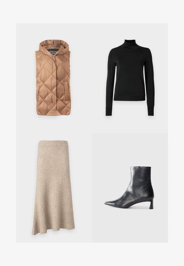 Kergitatud vest heledas pruunis värvitoonis, millel on tekstureeritud tikandikujundus, esine lukku, kapuuts ja küljetaskud. Sile, läikiv kangas.; Mustmusterta mustaga pikkade varrukatega kõrge kaelusega sviiter, millel on ribakudumisega mansetid ja äär, esitatud lihtsal valgel taustal.; Knee-pikkus, A-line seelik pehmest beežist materjalist, millel on tekstuurne pind ja nähtamatud kinnitused või mustrid.; Mustad mustall nahkasaabas terava nina ja stiilse disainiga. Omab madalat konts ja luku sulgemist taga. Sile tekstuur.