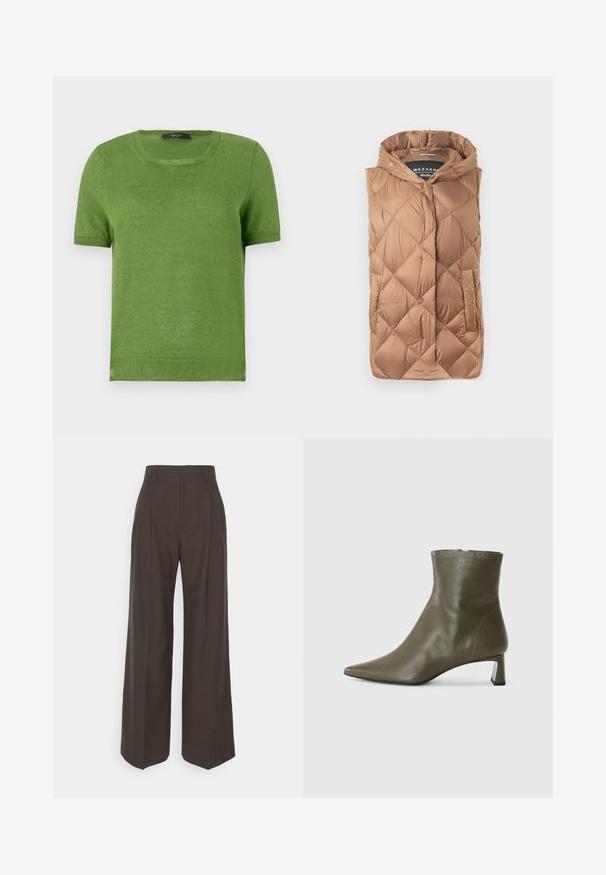 Kamizelka puchowa w jasnobrązowym kolorze, z fakturowanym pikowanym wzorem, zamek z przodu, kaptur i boczne kieszenie. Gładki, błyszczący materiał.; Zielony, krótki sweter dzianinowy z okrągłym dekoltem, charakteryzujący się gładką fakturą i żebrowanymi akcentami przy rękawach oraz dolnej krawędzi.; Ciemnobrązowe spodnie z szerokimi nogawkami i wysokim stanem, wyróżniające się starannie wyprasowanymi zagnieceniami, gładką fakturą i dopasowanym krojem.; Oliwkowe skórzane botki do kostki z wydłużonym noskiem i 4-centymetrowym obcasem w kształcie bloku; gładka tekstura i minimalistyczny design z zapięciem na suwak.