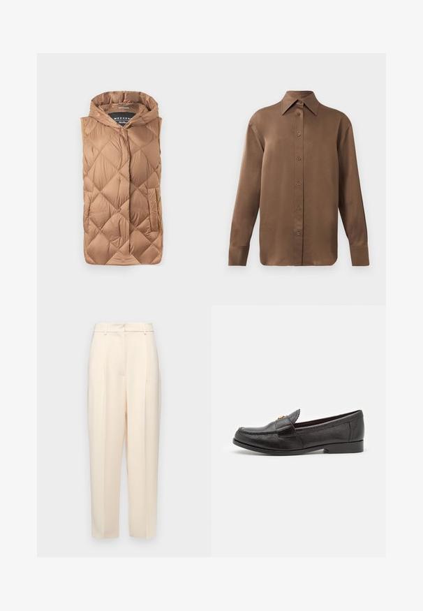 Bavlněná vesta v světle hnědé barvě, s texturovaným prošívaným designem, předním zipem, kapucí a bočními kapsami. Hladká, lesklá tkanina.; Hnědá košile s dlouhým rukávem, zapínaná na knoflíky, s špičatým límcem a manžetami, vystavená na jednobarevném bílém pozadí.; Béžové kalhoty na míru se rovný fit, s plizovanými detaily na přední straně, hladkou texturou a středním pasem. Bez viditelných kapes.; Černé kožené mokasíny s texturovaným povrchem, kulatou špičkou a dekorativním prošíváním. Mají plochý podpatek a design na obutí.