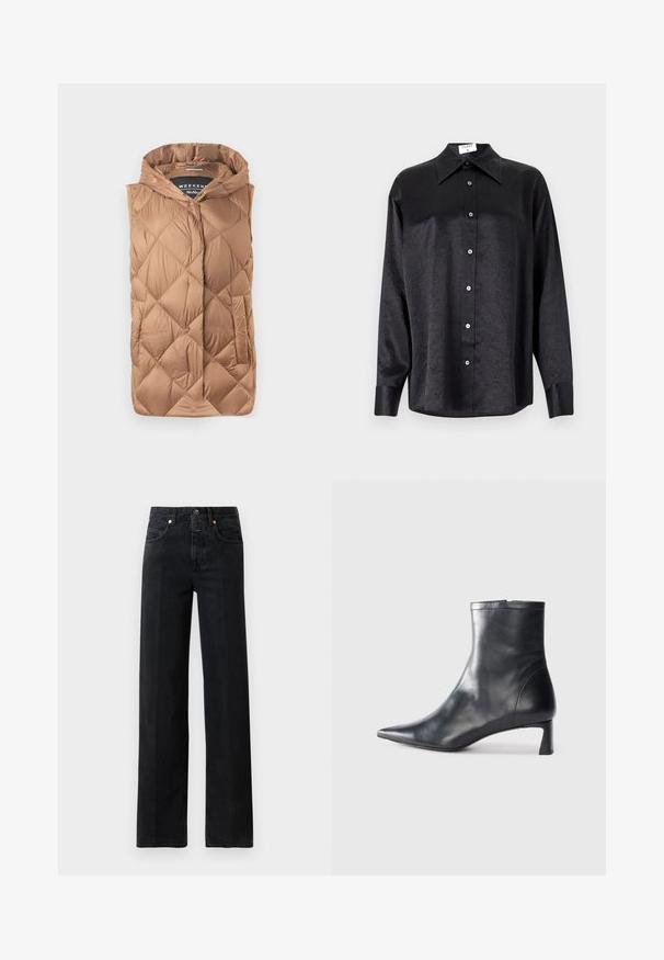 Steppweste in einem hellbraunen Farbton, mit einem strukturierten, gesteppelten Design, Frontreißverschluss, Kapuze und Seitentaschen. Glattes, glänzendes Material.; Schwarzes Langarmhemd mit kragenförmigem Halsausschnitt, mit einem zerknitterten Textur, voller Knopfleiste und Manschetten. Hergestellt aus einem glatten Stoff.; Schwarze Denim-Jeans mit geradem Bein. Verfügt über fünf Taschen, einen Knopfverschluss und minimale Nähdetails. Klassisches Design.; Schwarze Lederstiefelette mit spitzer Zehe und schlankem Design. Verfügt über einen niedrigen Absatz und einen Reißverschluss hinten. Glatte Textur.