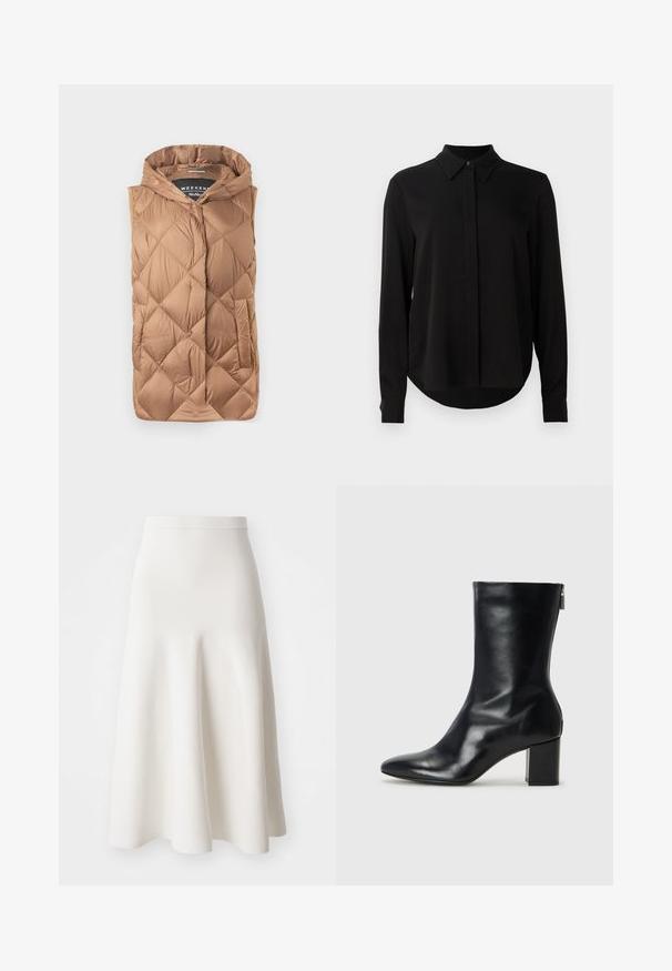 Pūkains veste gaiši brūnā krāsā, ar struktūru izšūtu dizainu, priekšējo rāvējslēdzēju, kapuci un sānu kabatām. Gluda, spīdīga auduma.; Melna garo piedurkņu blūze ar norādītu apkakli, slēptu pogu aizdari un izliekta apakšmala uz vienkārša balta fona.; Balta A-line svārki, kas izgatavoti no gluda auduma, ar pieguļošu jostasvietu un izplestu siluetu, kas maigi krīt līdz pusliekam.; Melna ādas potītes zābaks ar norādītu purngalu un 4 cm bloku papēdi. Gluds dizains ar sānu rāvējslēdzēju vieglai uzvilkšanai. Gluda tekstūra.