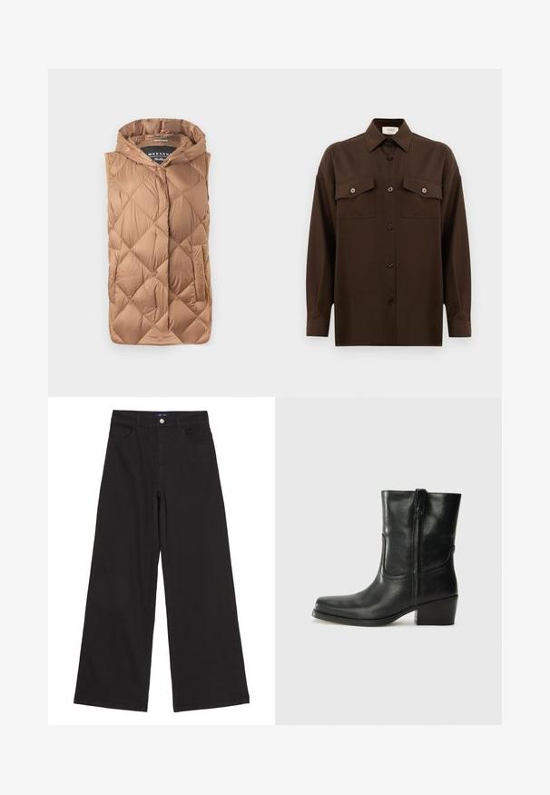 Pufferi liivi vaaleanruskeana, jossa on teksturoitu vakotekniikka, etuvetoketju, huppu ja sivutaskut. Sileä, kiiltävä kangas.; Tumma ruskea pitkähihainen napitettava paita, jossa on kaksi läpällistä rintataskua ja klassinen kaulus, esiteltynä yksinkertaista valkoista taustaa vasten.; Mustat leveälahkeiset farkut, joissa on korkea vyötärö, etutaskut ja yksi metallinen nappi vyötäröllä, sileä rakenne.; Musta nahkasaapas nilkkamittaisella varrella, pyöreällä kärjellä, lohkarekorolla, sivuvetoketjulla ja ompeluaksentilla varren yläosassa. Suora pinta, klassinen muotoilu.