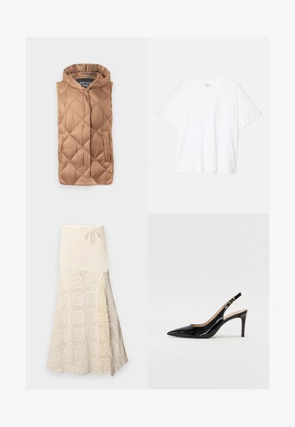 Kamizelka puchowa w jasnobrązowym kolorze, z fakturowanym pikowanym wzorem, zamek z przodu, kaptur i boczne kieszenie. Gładki, błyszczący materiał.; Biała bawełniana koszulka z krótkim rękawem, okrągłym dekoltem, luźnym krojem i przeszytym brzegiem. Metka widoczna wewnątrz dekoltu.; Szydełkowa spódnica z teksturowanym kremowym górnym fragmentem oraz dolną częścią z misternym kwadratowym wzorem. Regulowany sznurek w talii.; Czarne lakierowane szpilki typu slingback z szpiczastym noskiem, smukłym obcasem i subtelnym wycięciem. Posiadają złotą klamrę na pasku.