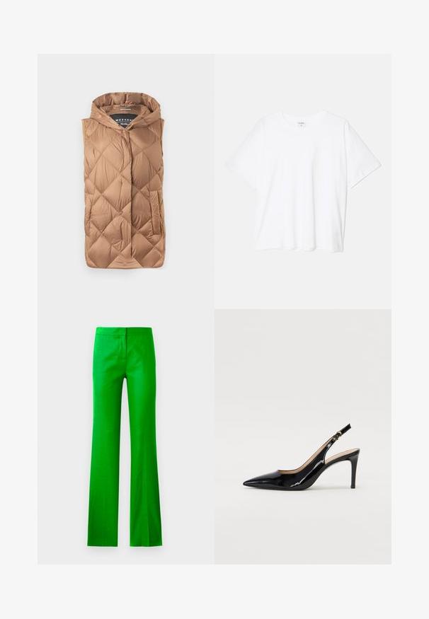 Pufferväst i en ljusbrun färg, med en strukturerad kviltad design, frontdragkedja, huva och sidofickor. Slät, glänsande tyg.; Vit bomull t-shirt med kort ärm, rund halsringning, avslappnad passform och söm i nederkant. Etikett synlig på insidan av halsen.; Klart gröna, utsvängda byxor i ett slätt tyg, med en rak front och inga synliga fickor. Rent, minimalistiskt design.; Svart patenterat läder slingback pumps med spetsig tå, smal klack och en subtil utskärning. Har en guldbuckle på remmen.