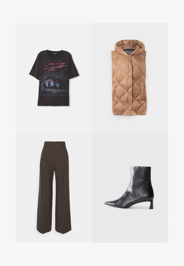 Puffedá vesta vo svetlo hnedej farbe s textúrovaným prešívaným dizajnom, predným zipsom, kapucňou a bočnými vreckami. Hladká, lesklá látka.; Čierne bavlnené tričko s grafikou motelu a ružovým nápisom "Dondup", nadrozmerný strih, bez ďalších ozdôb.; Tmavohnedé široké nohavice s vysokým pásom, ktoré majú úhľadne prežehlené záhyby, hladkú textúru a strih na mieru.; Čierne kožené členkové topánky s špicatou špičkou a elegantným dizajnom. Majú nízky podpätok a zips na zadnej strane. Hladká textúra.