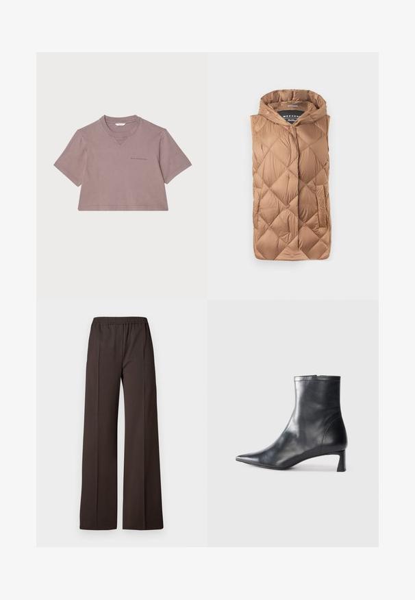 Puffer vest in een lichtbruine kleur, met een gestructureerd doorgestikt ontwerp, een ritssluiting aan de voorkant, een capuchon en zijzakken. Gladde, glanzende stof.; Uitgesneden T-shirt in stoffige mauve, gemaakt van zachte stof. Kenmerkt zich door een ronde hals, korte mouwen en een subtiele logo-opdruk aan de voorkant.; Wijdvallende broek in donkerbruin stof met een elastische tailleband, voorzien van een gladde textuur en scherpe lijnen voor een verzorgd uiterlijk.; Zwarte leren enkellaars met een spitse neus en een slank ontwerp. Heeft een lage hak en een ritssluiting aan de achterkant. Gladde textuur.